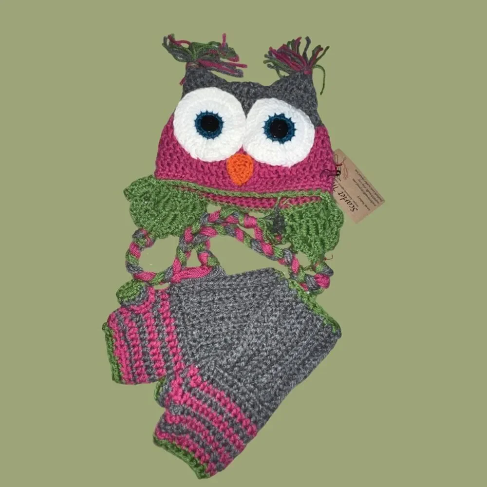 Little Kid Hand Crochet Owl Hat & Fingerless Mittens